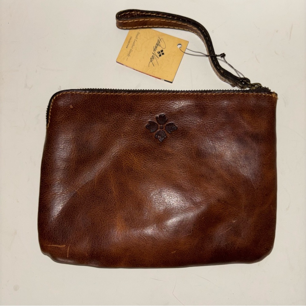 Patricia Nash Cassini Cognac Vintage Distressed Leather Wristlet Clutch Top Zip - Picture 1 of 6